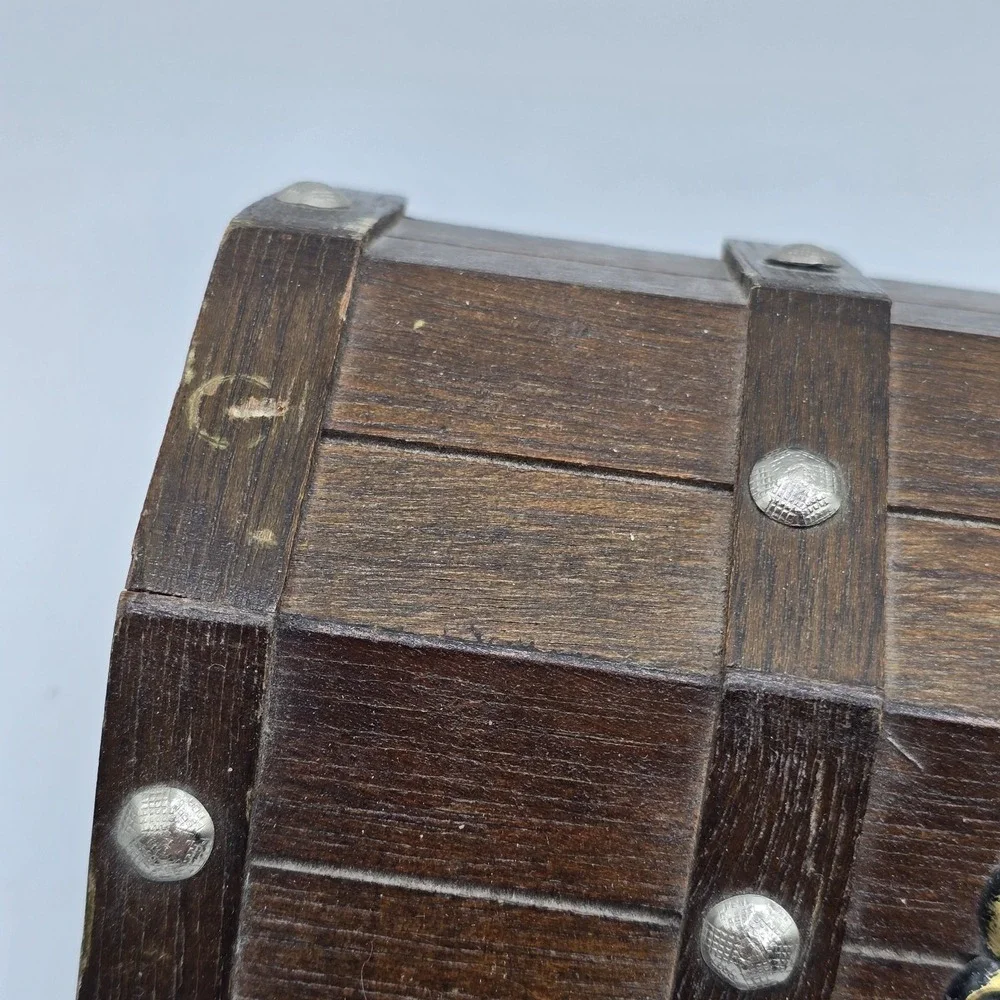 Wooden Pirate Style Jewelry Box Velvet Lined Removable Tray Vtg